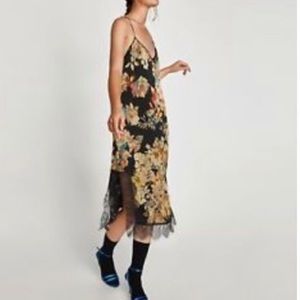 NWT Zara Floral Lace Trim Midi Satin Slip Dress